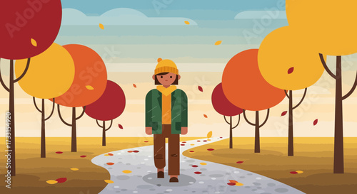 Autumn walk with falling leaves. Person in warm clothes on a path through colorful fall trees. Flat vector illustration.