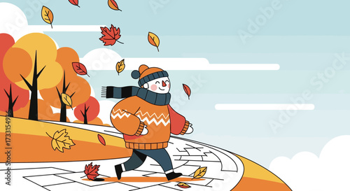 Cheerful Character Enjoying an Autumn Walk with Falling Leaves in a Park. Cozy Fall Season Flat Illustration.