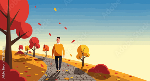 Man walking on a scenic autumn path with colorful trees and falling leaves, flat design illustration