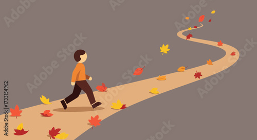 Minimalist person walking on winding autumn path with vibrant fall leaves. Seasonal journey and progress concept.