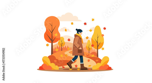 Autumn walk illustration: Person in warm coat strolls through a park with colorful fall foliage and falling leaves.