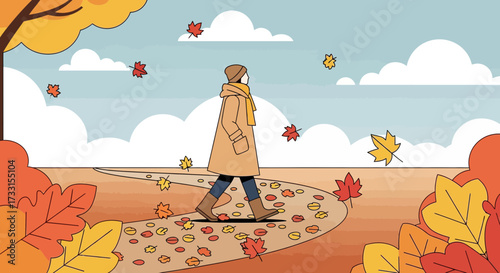 Person walking on a winding path with falling autumn leaves. Flat design illustration capturing the fall season.