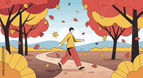 Person walking on a winding path through an autumn park with colorful falling leaves. Flat design illustration.