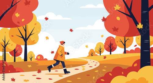 Person enjoying an autumn walk on a winding park path, surrounded by colorful fall trees and falling leaves. Flat illustration.