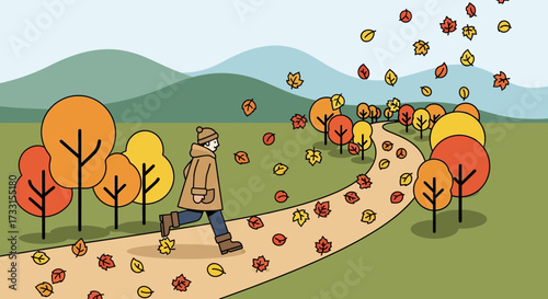 Person walking on winding autumn path amidst colorful falling leaves and vibrant trees in a scenic park, fall season illustration.