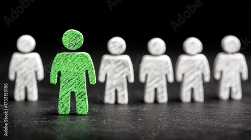 A row of stylized white figures with a single green figure standing out. Dark background, focused on the green person