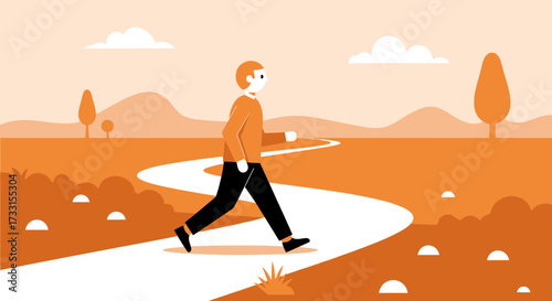 Minimalist flat illustration of a person walking on a winding path through a serene monochromatic landscape