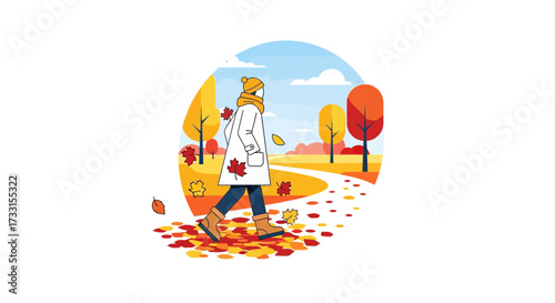 Person walking on autumn path with fallen leaves. Flat design illustration of fall season outdoor activity.