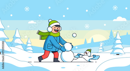 Happy Child Building Snowman in Snowy Winter Landscape. Winter Fun and Outdoor Activity.
