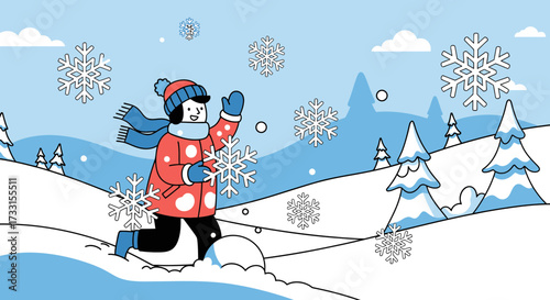 Joyful person playing in snow, throwing snowball amidst falling snowflakes in a winter landscape illustration. Outdoor winter fun.