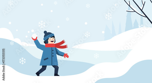 Happy child throwing snowball in snowy winter landscape, flat vector illustration of outdoor play and fun
