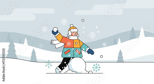 Person throwing a snowball in a snowy winter landscape. Flat design illustration of winter fun and outdoor play.