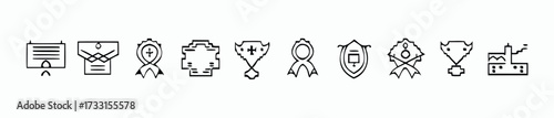 Awards icon set with trophy, medal, badge, ribbon, certificate, winner cup, star award, crown, flat vector illustration 