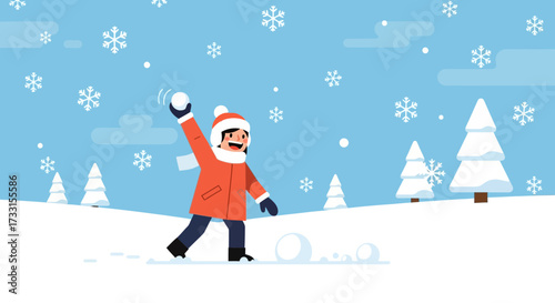 Happy Person Throwing Snowball in Winter Wonderland. Snowy Landscape with Trees and Falling Flakes.