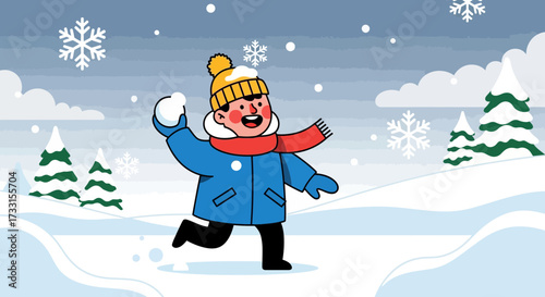 Joyful cartoon boy in winter clothes throwing snowball amidst falling snow. Winter fun illustration.