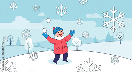 Happy child playing with snowballs in winter, surrounded by falling snowflakes. Joyful kid in snowy landscape illustration.