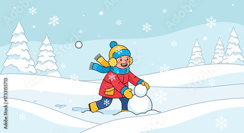 Happy cartoon child building a snowman and playing with snowballs in a cheerful winter wonderland, surrounded by falling snowflakes and snowy trees.