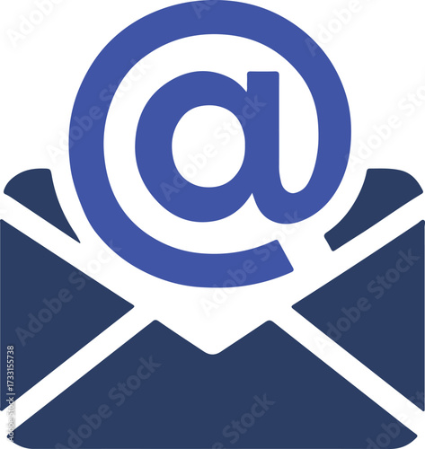 Blue at symbol on open envelope icon with transparent background email mail