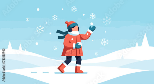 Winter scene with person in warm clothes catching falling snowflakes. Flat vector illustration of a snowy day.