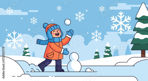 Happy Child Playing in Winter Snow, Throwing Snowball with Small Snowman - Flat Vector Illustration of Winter Fun