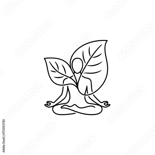 Leaf goddess meditation logo, yoga woman sitting pose, minimal line art, eco wellness symbol, mindful lifestyle branding, vector