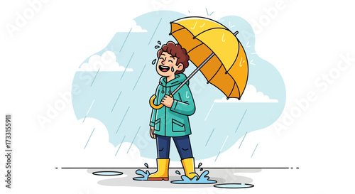 Joyful cartoon boy in raincoat with yellow umbrella, splashing in puddles during rain. Happy child illustration.
