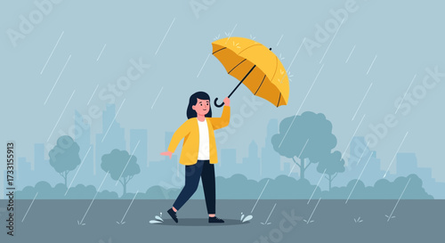 Cheerful Woman with Yellow Umbrella Walking in Rain, Urban Background