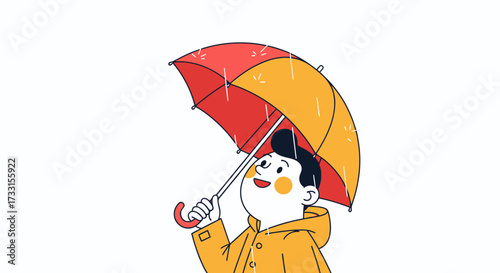 Smiling Person in Yellow Raincoat with Colorful Umbrella in the Rain