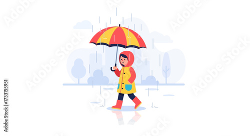 Little child in yellow raincoat and red boots walks with colorful umbrella in the rain. Flat vector illustration of autumn weather.