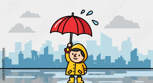 Cartoon person in yellow raincoat and boots holding a red umbrella in the rain with a city background