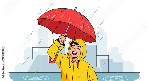 Happy person in yellow raincoat with red umbrella enjoying rainy day. Cheerful character under umbrella in urban rain.