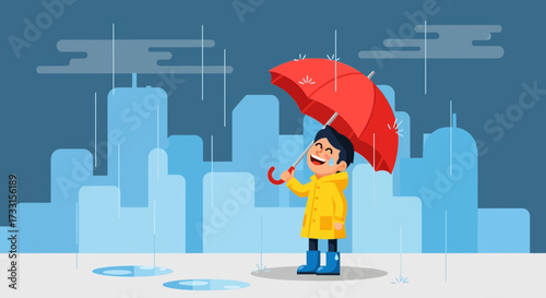 Rainy Day Joy: Child with Umbrella in Cityscape Illustration