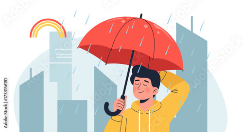 Serene Rainy Day Escape: Abstract Cityscape and Rainbow