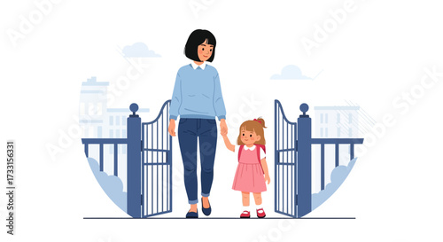 Mother and Daughter Walking Through Gate Illustration