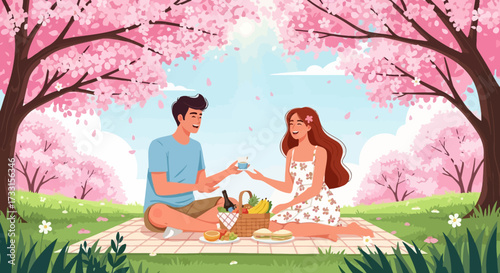 Spring Picnic Romance: Couple Enjoying Cherry Blossoms