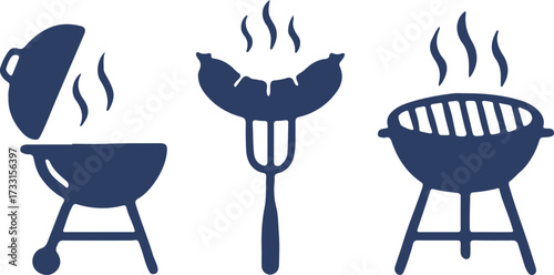 Blue silhouette of barbecue grills and sausage on a fork with steam vector