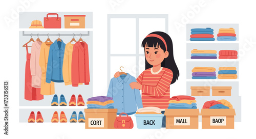 Decluttering Clothes: Girl Sorting Through Wardrobe