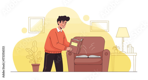 Cozy Reading Nook: Man Placing Book by Armchair