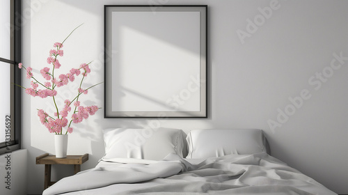 Mockup de quadro em quarto minimalista com flores cor de rosa