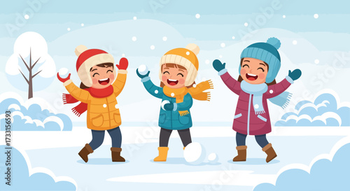 Winter Fun: Children Playing Snowballs in a Snowy Landscape Illustration