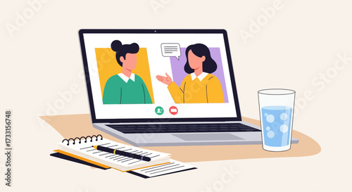 Virtual Meeting: Laptop Illustration with Online Call and Workspace