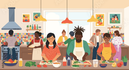Diverse Group Cooking Together in a Bright Kitchen