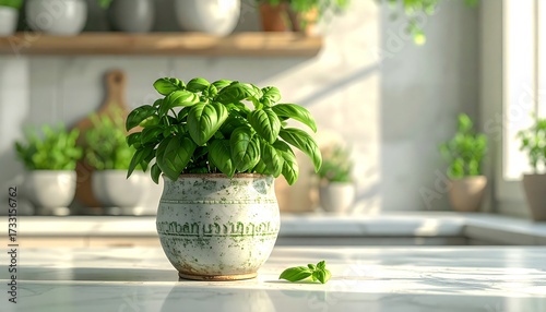 Fresh basil in a ceramic pot on a kitchen counter