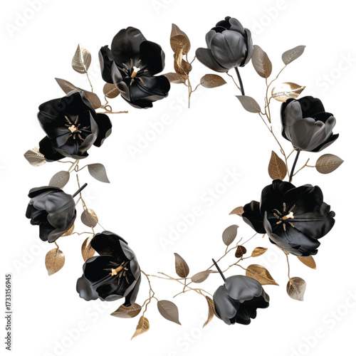 Elegant black tulip wreath with golden leaves on white background, symbolizing sophistication and beauty.