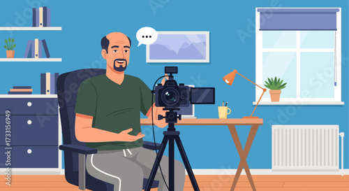 Man Vlogging in Home Studio, Vector Illustration