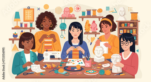 Craft Circle: Diverse Women Engaging in Creative Hobbies