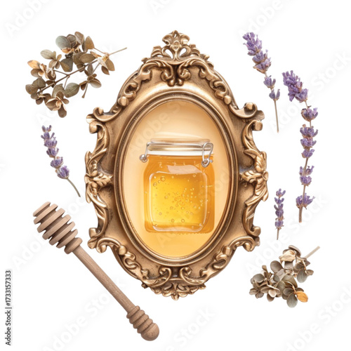 Golden honey in a vintage frame surrounded by lavender and dried botanicals