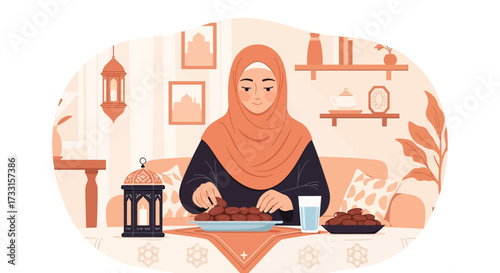 Muslim Woman Eating Dates for Iftar. Ramadan Celebration, Islamic Culture, Tradition, Flat Illustration.