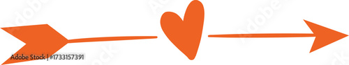 Orange arrow piercing a hand drawn heart on a white background love symbol