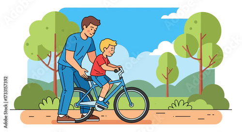 Father teaching son to ride a bicycle outdoors in a park. Adult helping child learn cycling. Family bonding, childhood milestone, skill development.